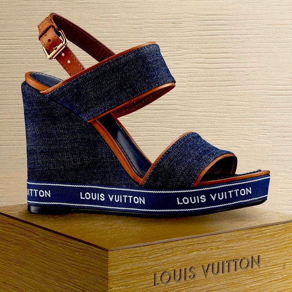 LOUIS VUITTON Denim Croisiere Wedge Sandals 41 Marine 516358